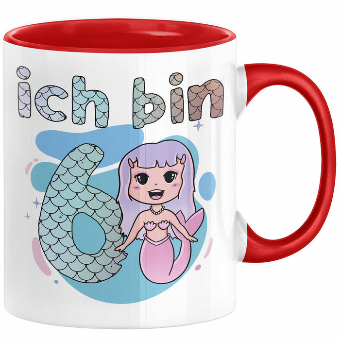 6. Geburtstag Mädchen Geschenk Meerjungfrau Geschenk Tasse für Mädchen Nymphe Nixe Becher Grafik Rot Trendation
