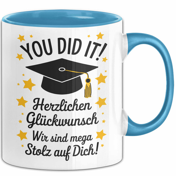 Schüler Abschluss Tasse Geschenk Lustige Geschenkidee Spruch Herzlichen Glückwünsche Blau Trendation
