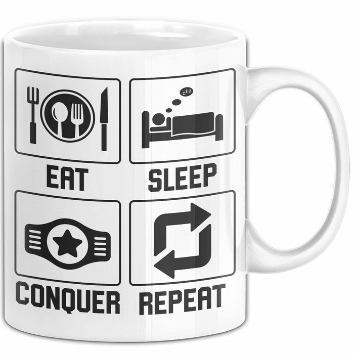 Gamer Tasse Geschenk Eat Sleep Conquer Repeat Geschenkidee Becher Weiß Trendation