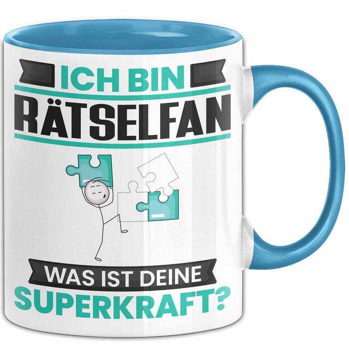 Rätselfan Tasse Geschenk für Rätselfan Geburtstag Lustiger Spruch Kaffee-Becher Was Ist Deine Superkraft Blau Trendation