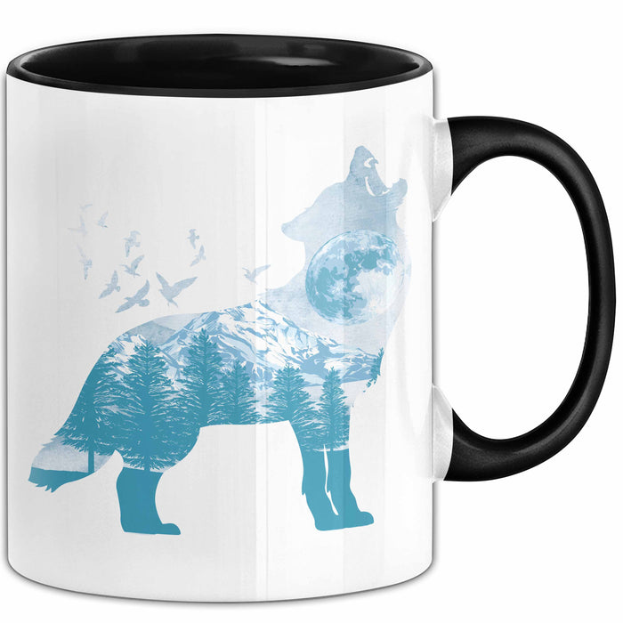 Wolf Tasse Geschenk Heulender Wolf Vögel Mond Silhouetten Geschenkidee Lustig Schwarz Trendation