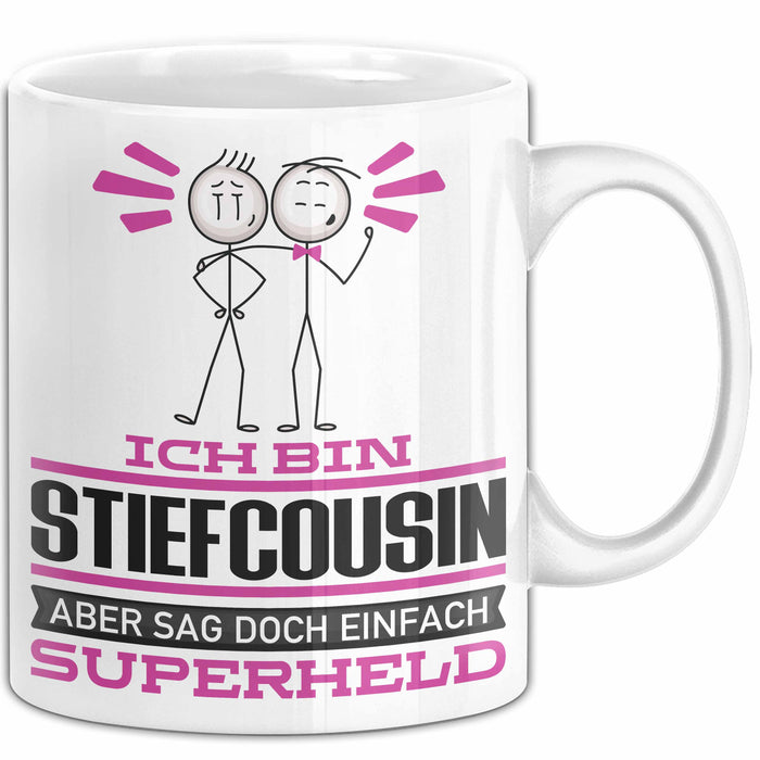 Stiefcousin Geschenk Tasse Ich Bin Stiefcousin Aber Sag Doch Einfach Superheld Lustige Geschenkdiee für Stiefcousin Kaffee-Becher Weiß Trendation