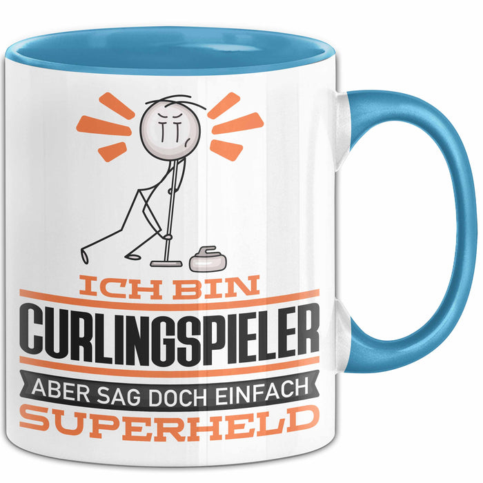 Curlingspieler Geschenk Tasse Ich Bin Curlingspieler Aber Sag Doch Einfach Superheld Lustige Geschenkdiee für Curlingspieler Kaffee-Becher Blau Trendation