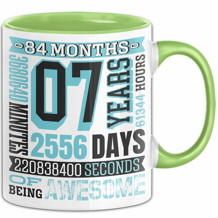 Tasse 07 Jahre Jubiläum Design mit Zeitangaben, Geschenkidee Grün Trendation