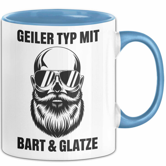 Glatzköpfige Männer Tasse Geschenk Lustige Geschenkidee Geiler Typ Mit Bart Und Glatze Blau Trendation