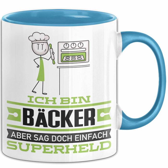 Bäcker Geschenk Tasse Ich Bin Bäcker Aber Sag Doch Einfach Superheld Lustige Geschenkdiee für Bäcker Kaffee-Becher Blau Trendation