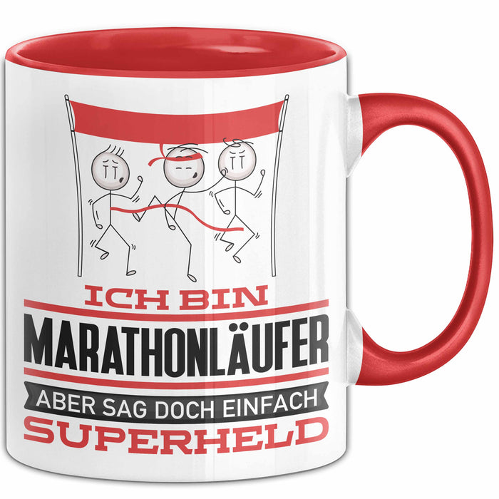 Marathonläufer Geschenk Tasse Ich Bin Marathonläufer Aber Sag Doch Einfach Superheld Lustige Geschenkdiee für Marathonläufer Kaffee-Becher Rot Trendation