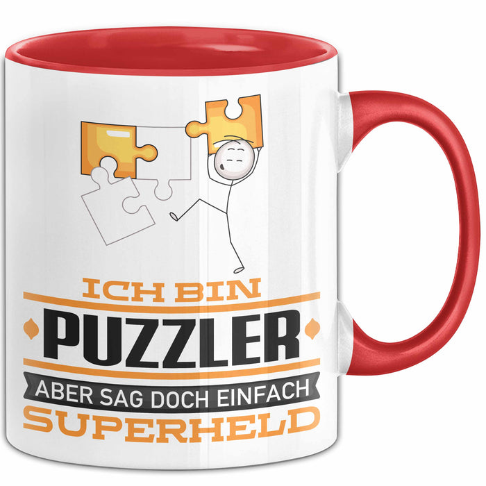 Puzzler Geschenk Tasse Ich Bin Puzzler Aber Sag Doch Einfach Superheld Lustige Geschenkdiee für Puzzler Kaffee-Becher Rot Trendation
