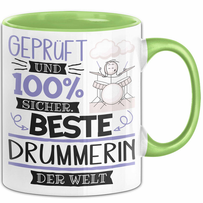 Beste Drummerin Der Welt Tasse Geschenk für Eine Drummerin Geprüft Und Sicher Geschenkidee Geburtstag Weihnachten Grün Trendation