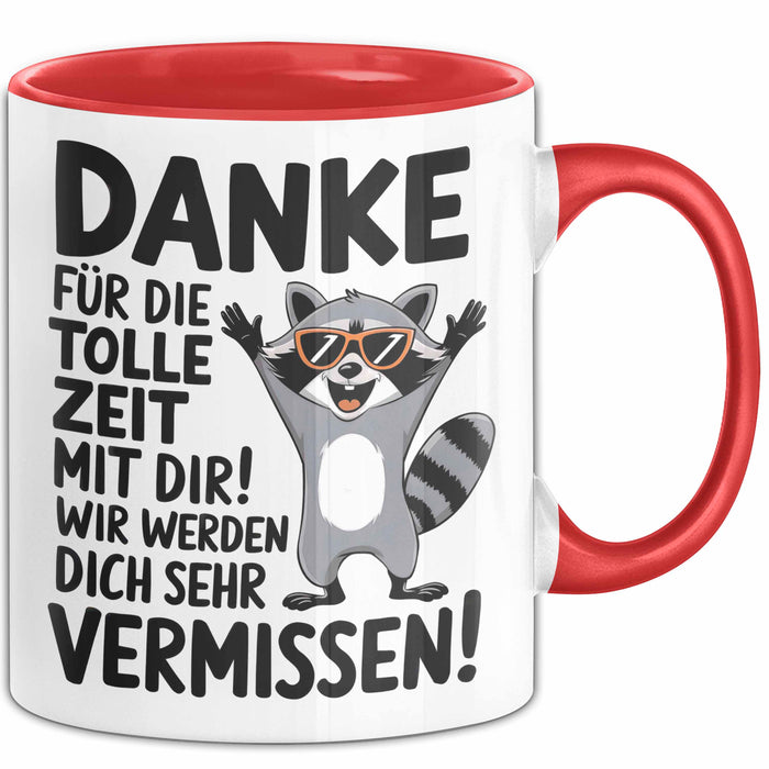 Büro Arbeit Kollege Tasse Becher Geschenk Lustige Geschenkidee Spruch Danke Für Die Tolle Zeit Mit Dir Wir Werden Dich Sehr Vermissen Rot Trendation
