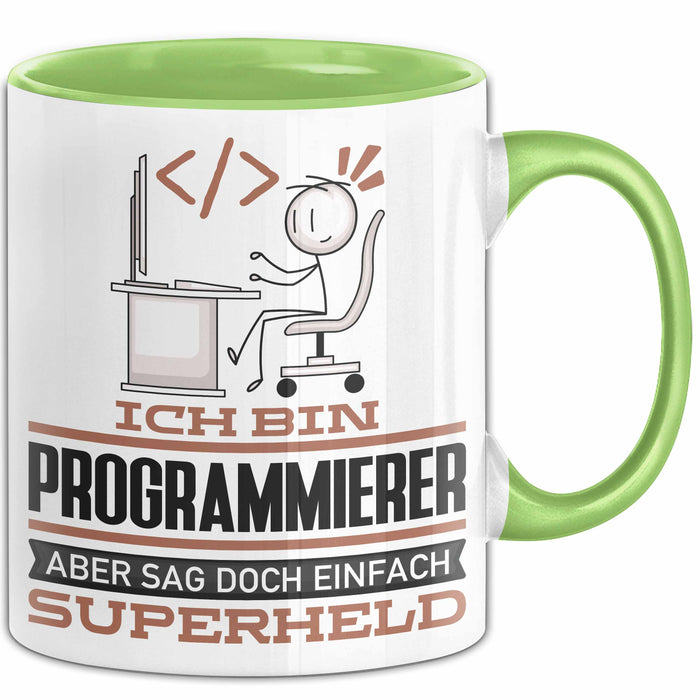 Programmierer Geschenk Tasse Ich Bin Programmierer Aber Sag Doch Einfach Superheld Lustige Geschenkdiee für Programmierer Kaffee-Becher Grün Trendation