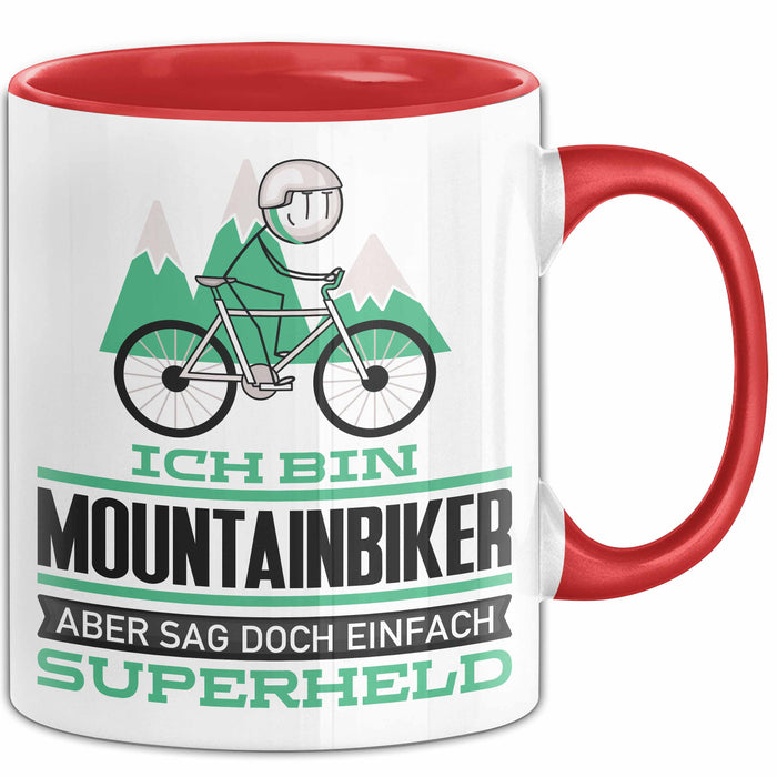 Mountainbiker Geschenk Tasse Ich Bin Mountainbiker Aber Sag Doch Einfach Superheld Lustige Geschenkdiee für Mountainbiker Kaffee-Becher Rot Trendation