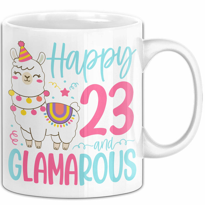 23er Geburtstag Tasse Geschenk Happy 23 And Glamarous Llama Alpaka Liebhaber Geschenkidee zum Geburtstag Weiß Trendation