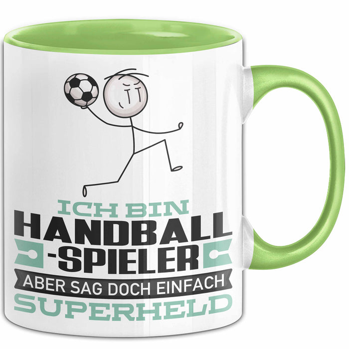 Handballspieler Geschenk Tasse Ich Bin Handballspieler Aber Sag Doch Einfach Superheld Lustige Geschenkdiee für Handballspieler Kaffee-Becher Grün Trendation