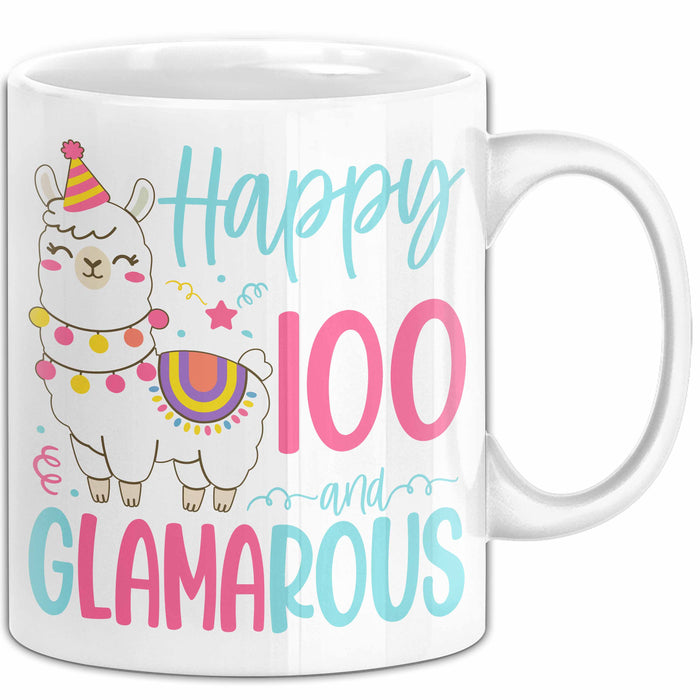 100er Geburtstag Tasse Geschenk Happy 100 And Glamarous Llama Alpaka Liebhaber Geschenkidee zum Geburtstag Weiß Trendation