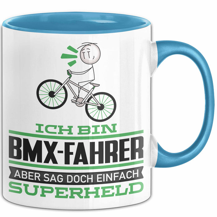 BMX-Fahrer Geschenk Tasse Ich Bin BMX-Fahrer Aber Sag Doch Einfach Superheld Lustige Geschenkdiee für BMX-Fahrer Kaffee-Becher Blau Trendation
