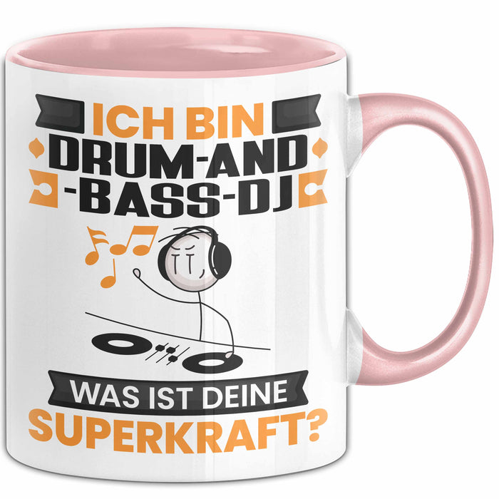 Drum-and-Bass-DJ Tasse Geschenk für Drum-and-Bass-DJ Geburtstag Lustiger Spruch Kaffee-Becher Was Ist Deine Superkraft Rosa Trendation