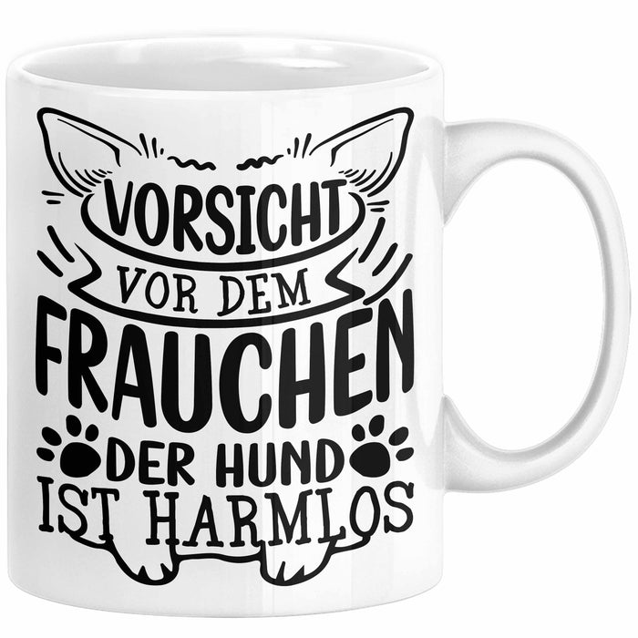 Frauchen Tasse Geschenk Hundebesitzerin Spruch Geschenkidee Kaffee-Becher Hunde Besitzerin Vorsicht Vor Dem Frauchen Der Hund Ist Harmlos Weiß Trendation