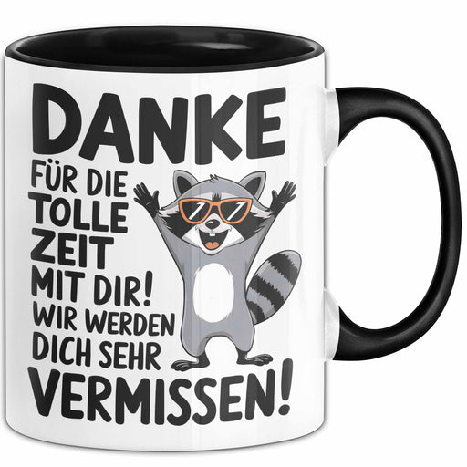 Büro Arbeit Kollege Tasse Becher Geschenk Lustige Geschenkidee Spruch Danke Für Die Tolle Zeit Mit Dir Wir Werden Dich Sehr Vermissen Schwarz Trendation