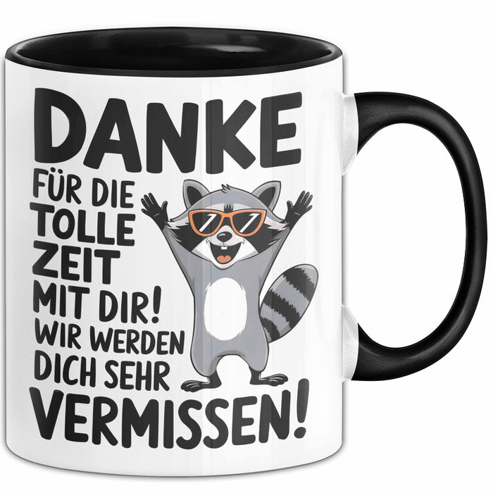 Büro Arbeit Kollege Tasse Becher Geschenk Lustige Geschenkidee Spruch Danke Für Die Tolle Zeit Mit Dir Wir Werden Dich Sehr Vermissen Schwarz Trendation