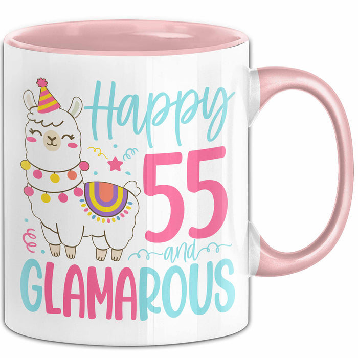 55er Geburtstag Tasse Geschenk Happy 55 And Glamarous Llama Alpaka Liebhaber Geschenkidee zum Geburtstag Rosa Trendation