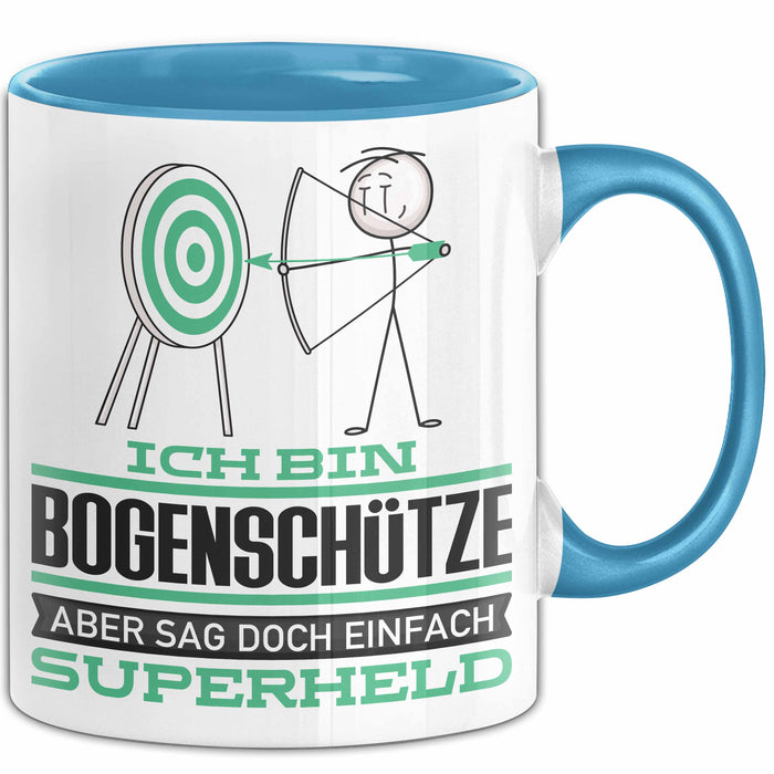 Bogenschütze Geschenk Tasse Ich Bin Bogenschütze Aber Sag Doch Einfach Superheld Lustige Geschenkdiee für Bogenschütze Kaffee-Becher Blau Trendation