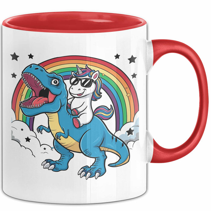 Einhorn Liebhaber Tasse Geschenk Einhorn Reitet Auf Dinosauriere T-Rex Dino Frauen Geschenk Rot Trendation