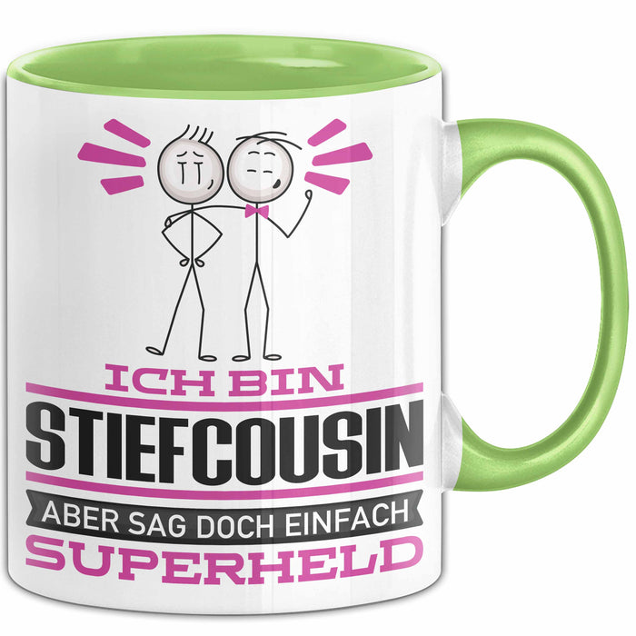 Stiefcousin Geschenk Tasse Ich Bin Stiefcousin Aber Sag Doch Einfach Superheld Lustige Geschenkdiee für Stiefcousin Kaffee-Becher Grün Trendation