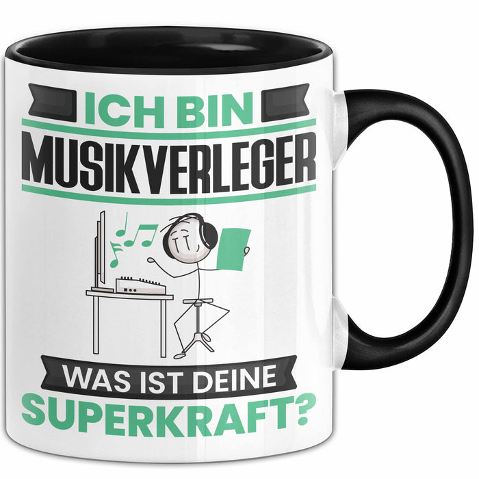 Musikverleger Tasse Geschenk für Musikverleger Geburtstag Lustiger Spruch Kaffee-Becher Was Ist Deine Superkraft Schwarz Trendation