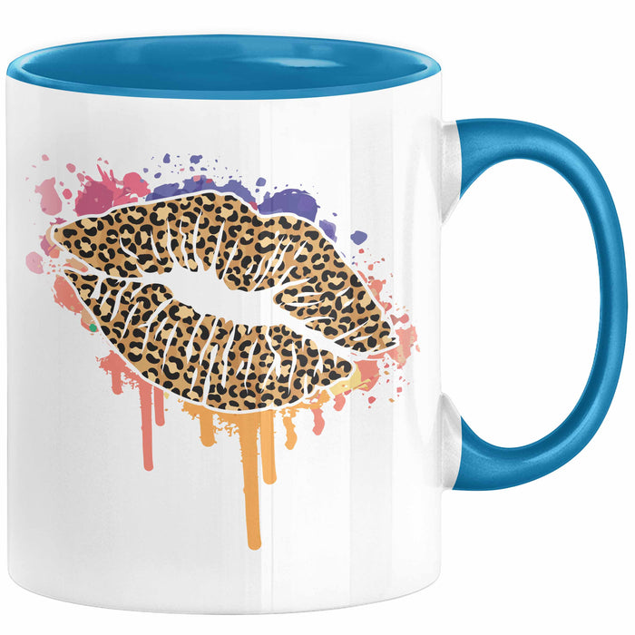 Leoparden Lippen Tasse Geschenk Cool Lips Kiss Leopardenmuster Kaffee-Tasse Geschenkidee Blau Trendation