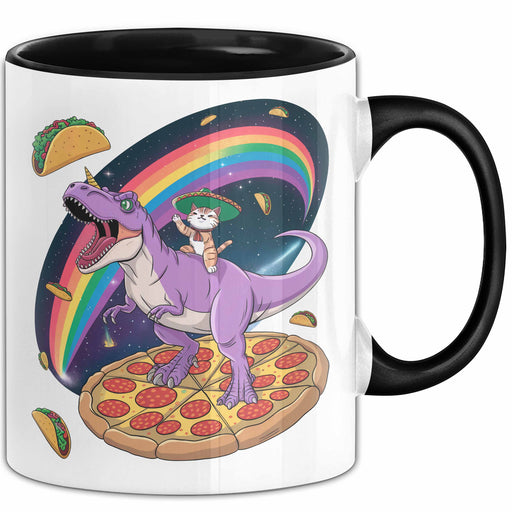 Katzen Tasse Geschenk Katze reitet Dinosaurier & isst Pizza Trendation