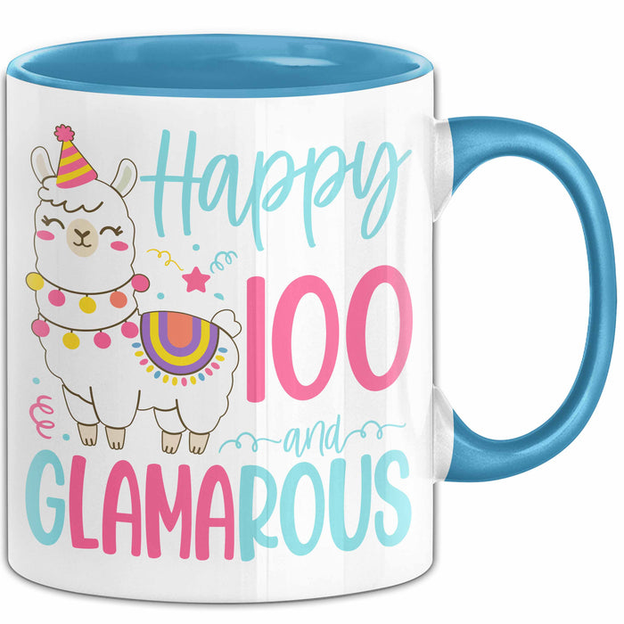 100er Geburtstag Tasse Geschenk Happy 100 And Glamarous Llama Alpaka Liebhaber Geschenkidee zum Geburtstag Blau Trendation
