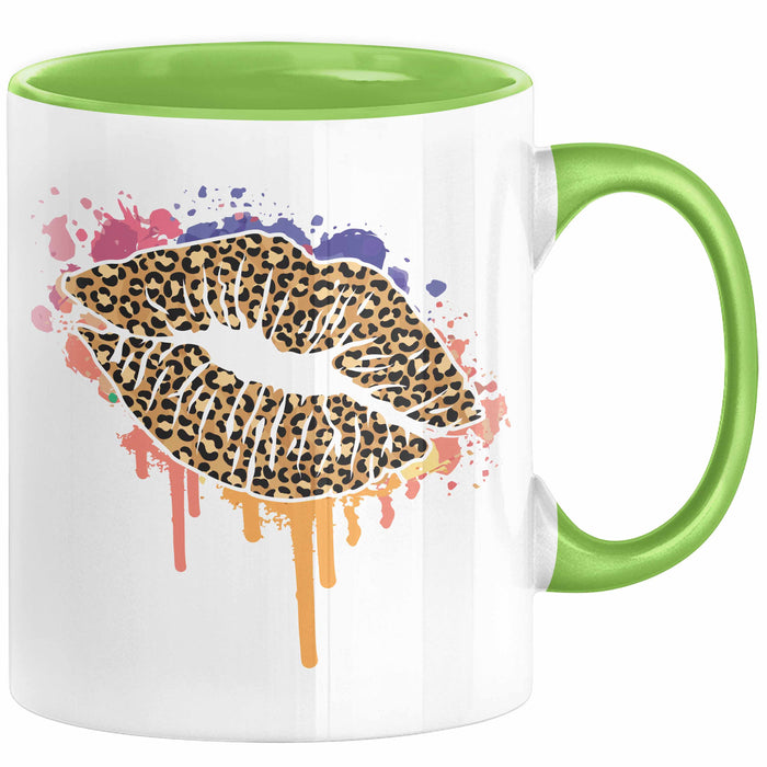 Leoparden Lippen Tasse Geschenk Cool Lips Kiss Leopardenmuster Kaffee-Tasse Geschenkidee Grün Trendation