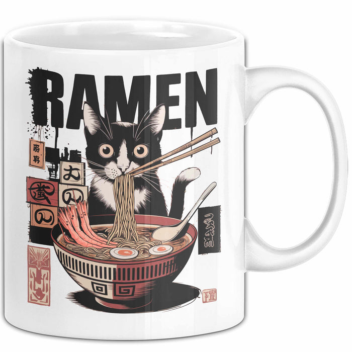 Katzen Tierliebhaber Tasse Geschenk Lustige Geschenkidee Spruch Katze Isst Ramen Nudeln Weiß Trendation
