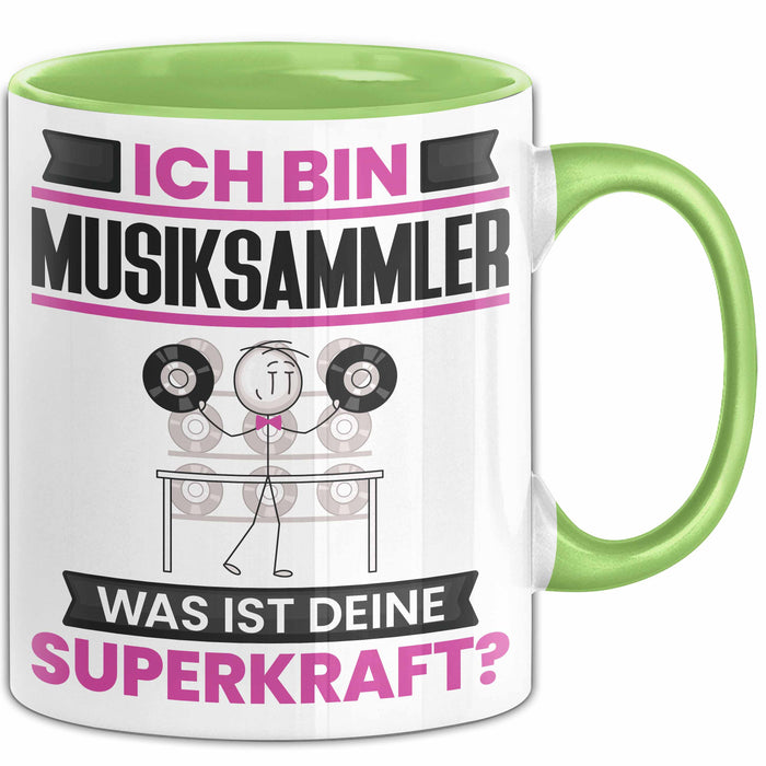 Musiksammler Tasse Geschenk für Musiksammler Geburtstag Lustiger Spruch Kaffee-Becher Was Ist Deine Superkraft Grün Trendation