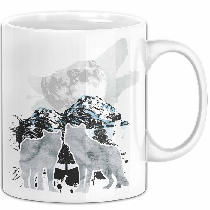 Wolf Tasse Geschenk Heulender Wolf Vögel Mond Silhouetten Geschenkidee Weiß Trendation