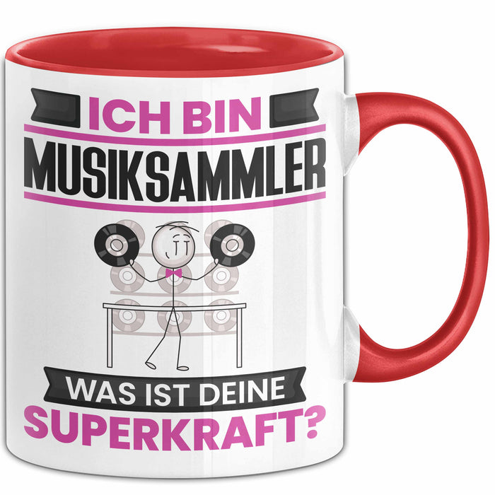 Musiksammler Tasse Geschenk für Musiksammler Geburtstag Lustiger Spruch Kaffee-Becher Was Ist Deine Superkraft Rot Trendation