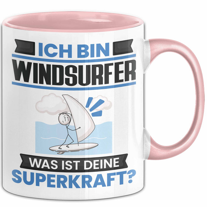 Windsurfer Tasse Geschenk für Windsurfer Geburtstag Lustiger Spruch Kaffee-Becher Was Ist Deine Superkraft Rosa Trendation