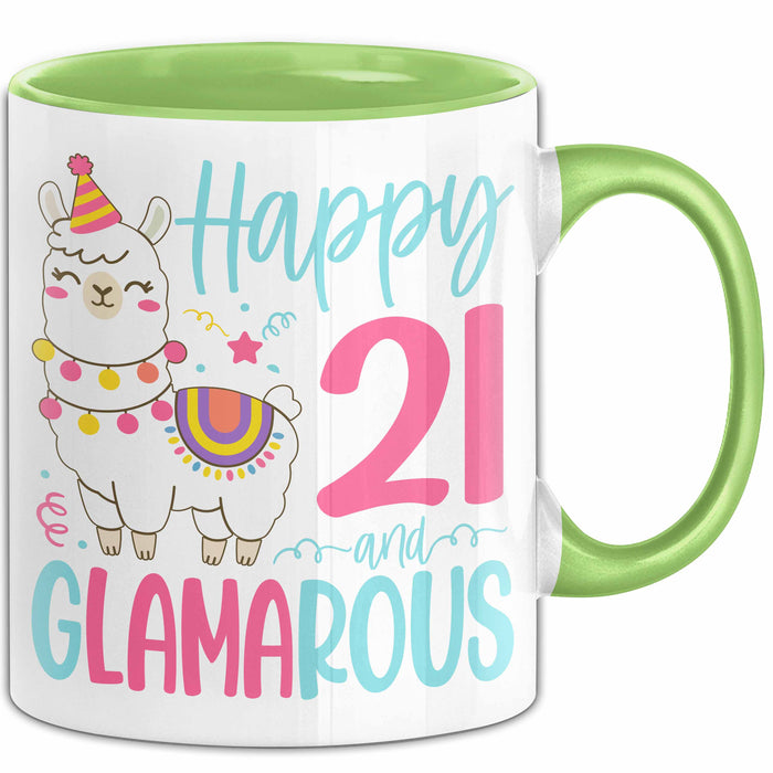 21er Geburtstag Tasse Geschenk Happy 21 And Glamarous Llama Alpaka Liebhaber Geschenkidee zum Geburtstag Grün Trendation