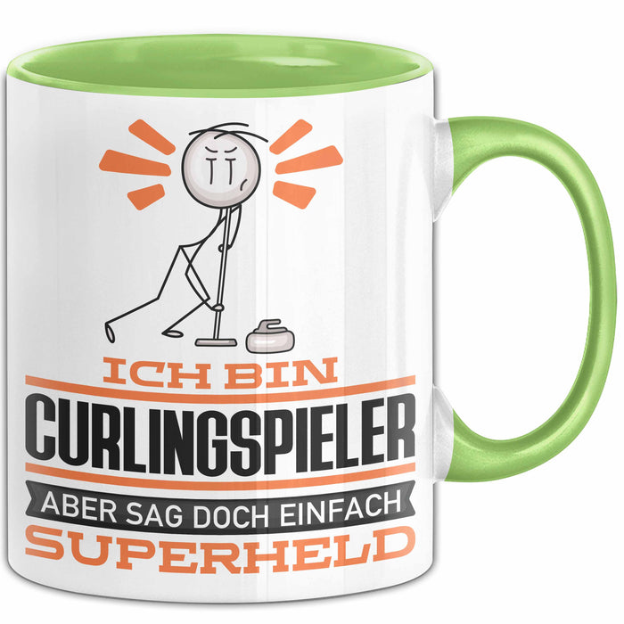 Curlingspieler Geschenk Tasse Ich Bin Curlingspieler Aber Sag Doch Einfach Superheld Lustige Geschenkdiee für Curlingspieler Kaffee-Becher Grün Trendation
