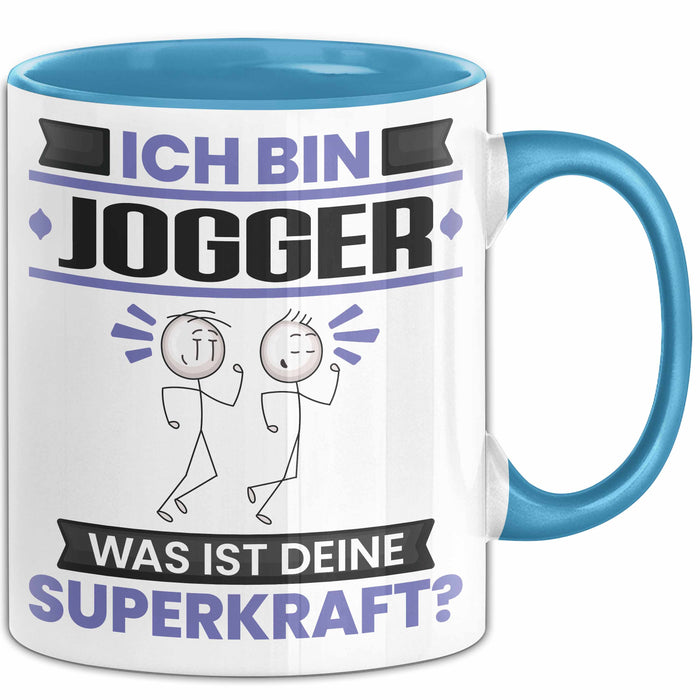 Jogger Tasse Geschenk für Jogger Geburtstag Lustiger Spruch Kaffee-Becher Was Ist Deine Superkraft Blau Trendation