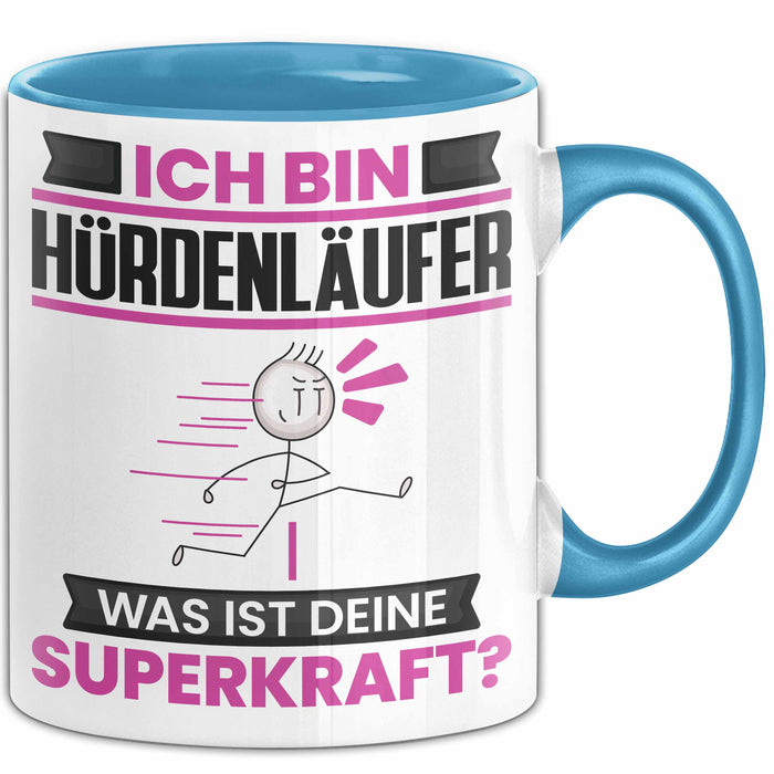 Hürdenläufer Tasse Geschenk für Hürdenläufer Geburtstag Lustiger Spruch Kaffee-Becher Was Ist Deine Superkraft Blau Trendation