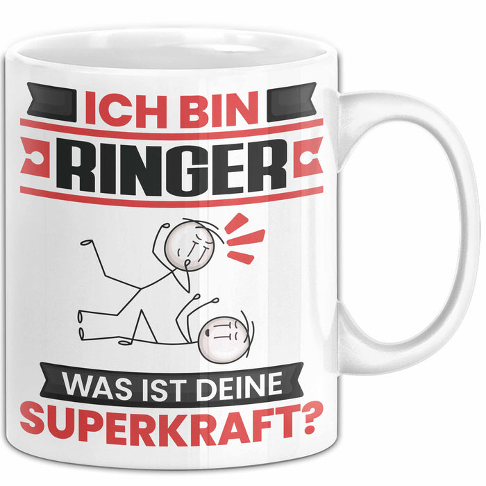 Ringer Tasse Geschenk für Ringer Geburtstag Lustiger Spruch Kaffee-Becher Was Ist Deine Superkraft Weiß Trendation