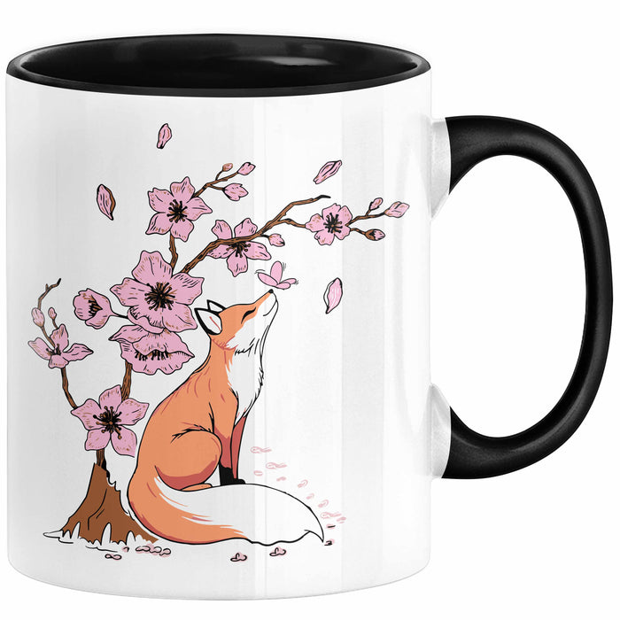 Fuchs Tasse Geschenk Fox Japanese Kirschblüte Blume Vintage Fuchs Kaffee-Becher Schwarz Trendation