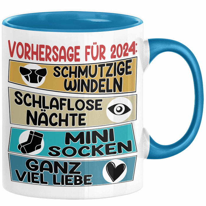 Schwangerschaft Verkünden 2025 Tasse Geschenk Mann Vorhersage für 2025 Schmutzige Windeln Schlaflose Nächte Kaffee-Becher Blau Trendation