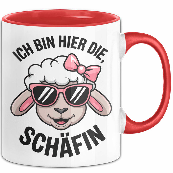Schaf Tier Bauer Tasse Becher Geschenk Lustige Geschenkidee Spruch Ich Bin Hier Die Schäffin Rot Trendation