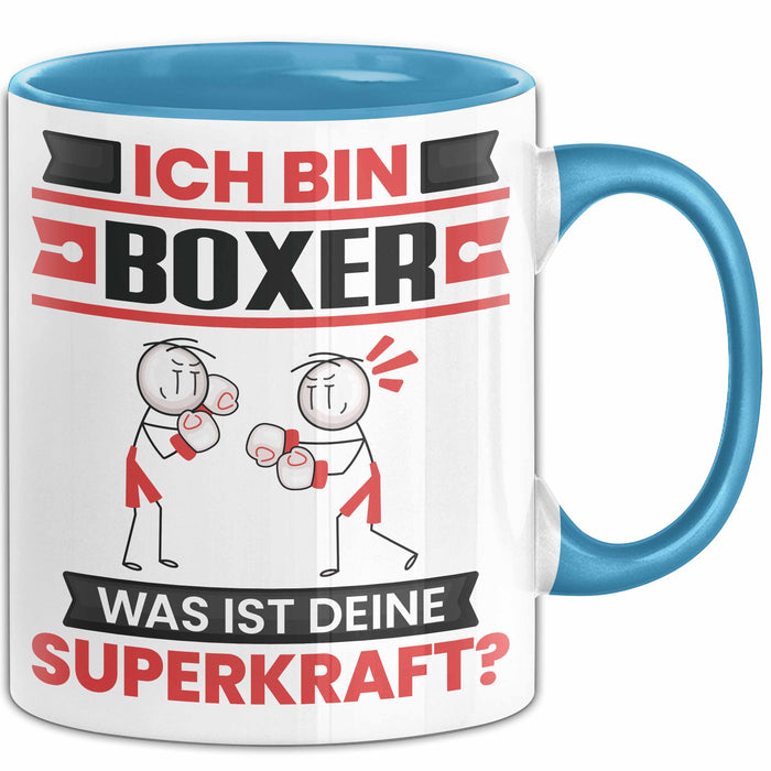 Boxer Tasse Geschenk für Boxer Geburtstag Lustiger Spruch Kaffee-Becher Was Ist Deine Superkraft Blau Trendation