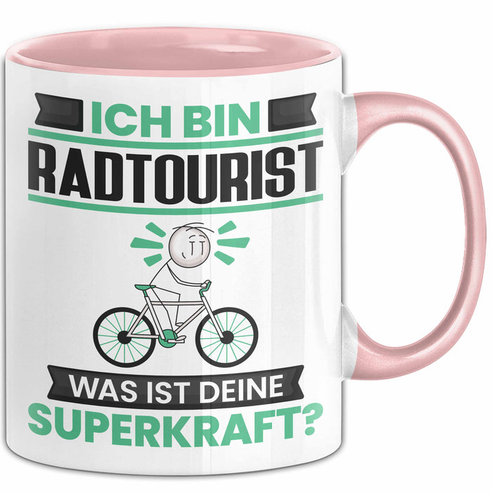 Radtourist Tasse Geschenk für Radtourist Geburtstag Lustiger Spruch Kaffee-Becher Was Ist Deine Superkraft Rosa Trendation