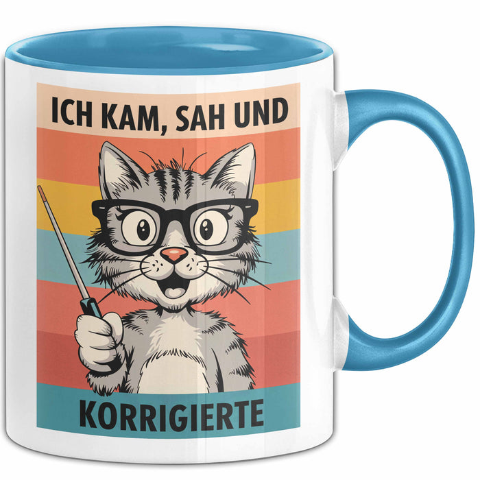 Deutschlehrer Unterricht Tasse Geschenk Lustige Geschenkidee Spruch Ich Kam Sah Und Korrigierte Blau Trendation