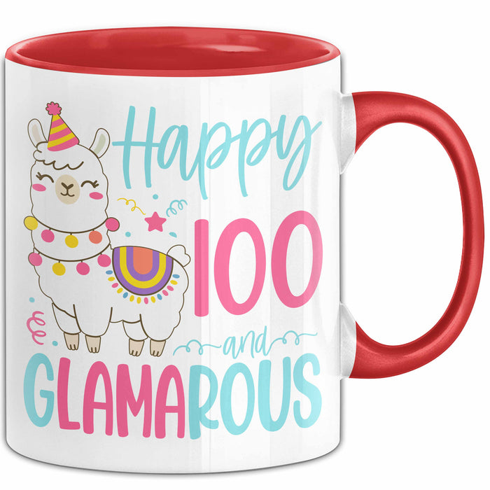 100er Geburtstag Tasse Geschenk Happy 100 And Glamarous Llama Alpaka Liebhaber Geschenkidee zum Geburtstag Rot Trendation